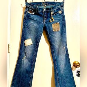 Bebe, Low rise, Embroidered Patch work, Distressed Boot Cut, Denim